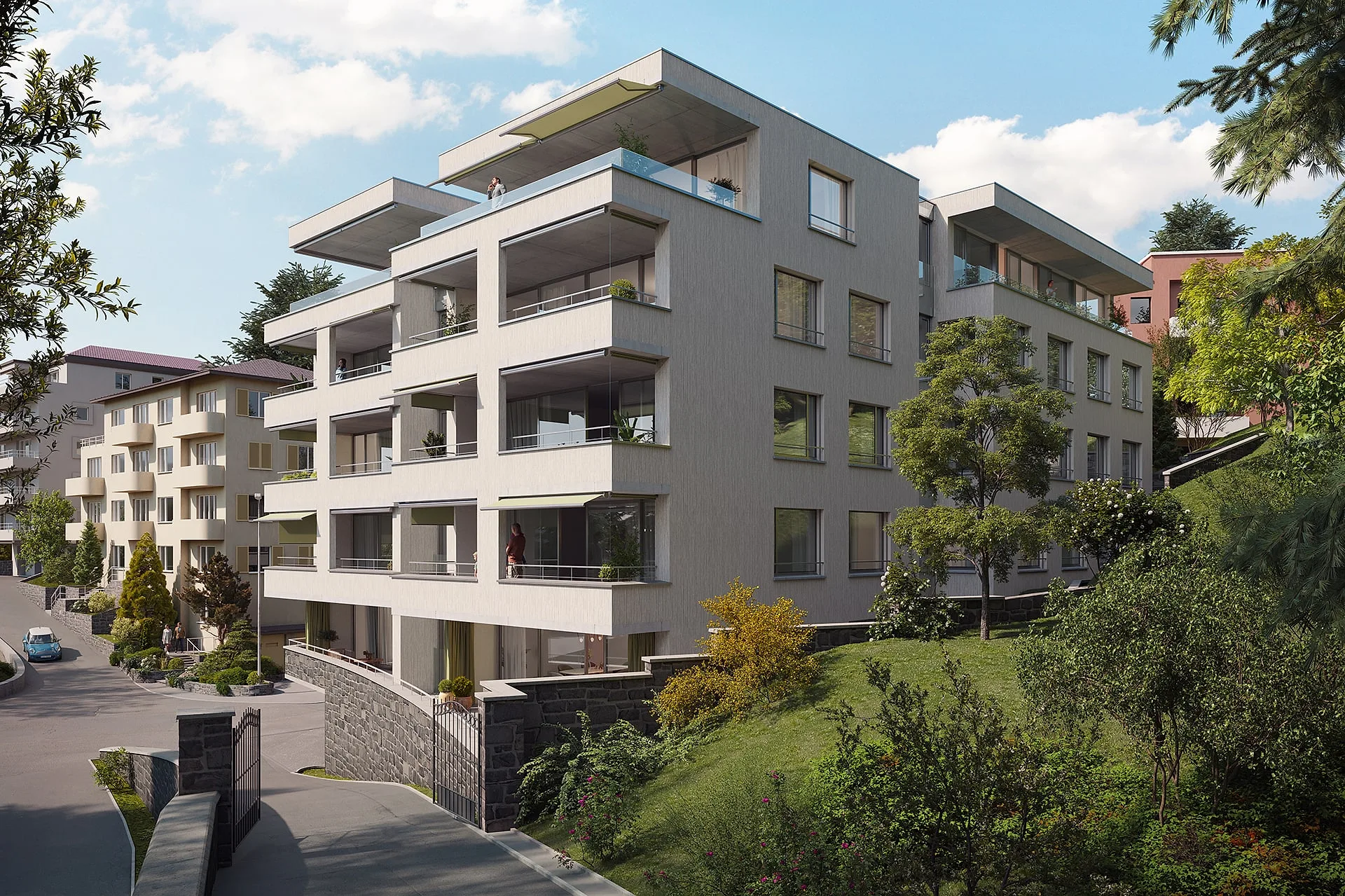 The studio's exterior render of a five-storey residential building on a hillside