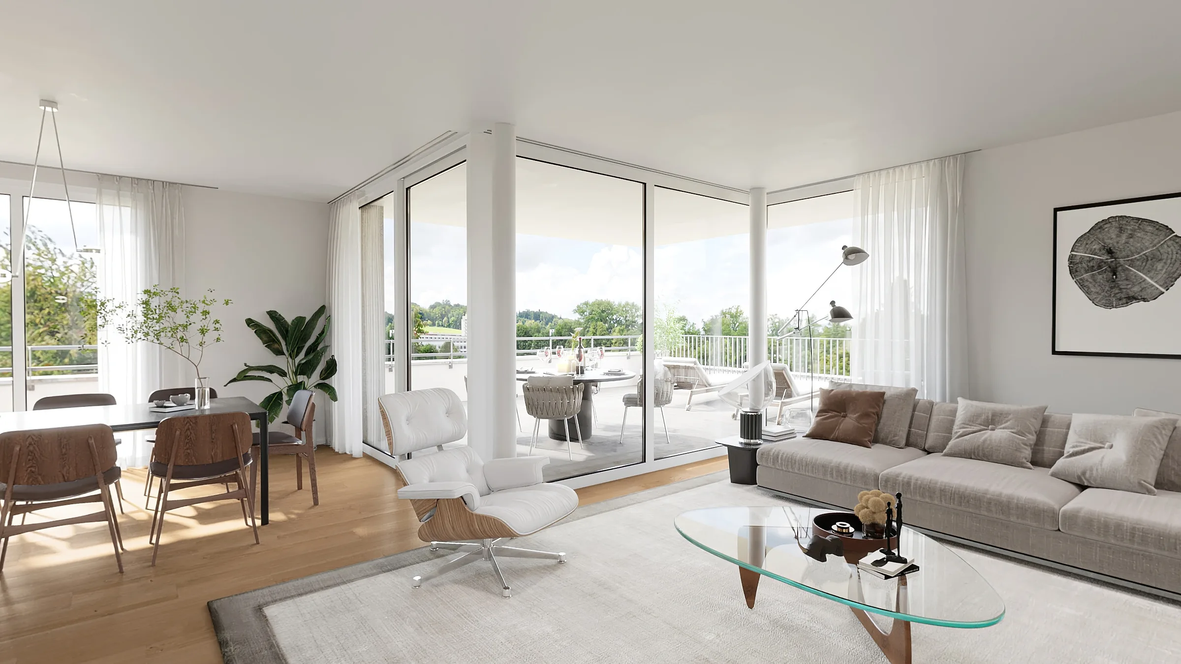 Living room with the terrace behind corner glazing
