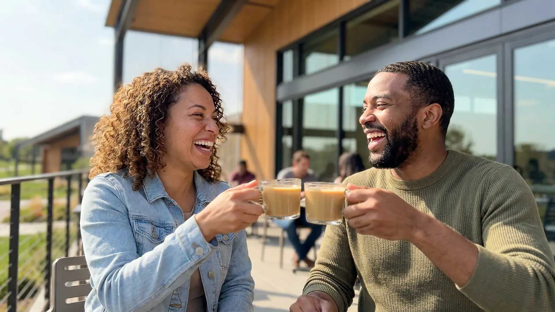 Two colleagues with coffee outside an office building, generated from a developer render
