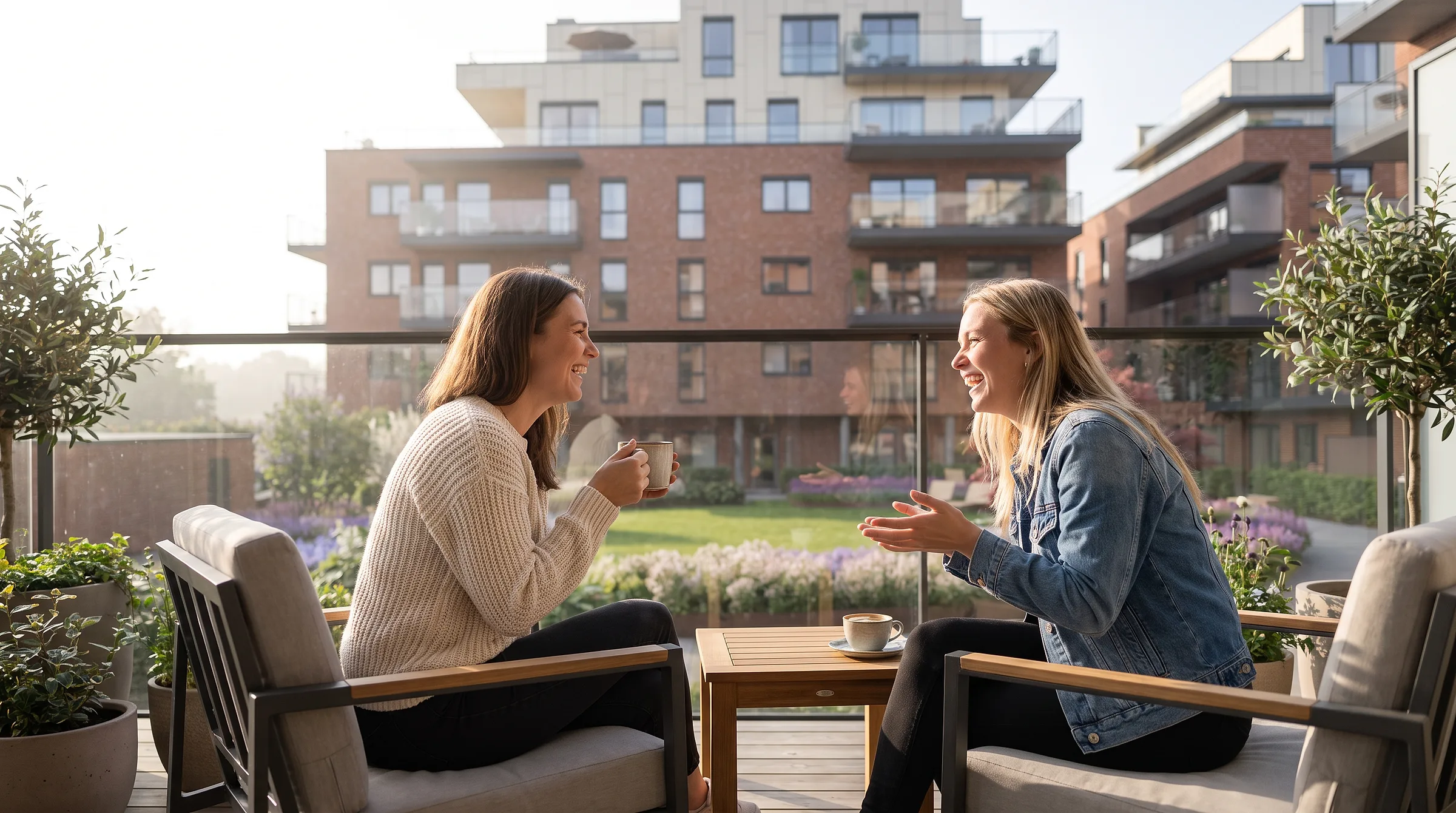Morning coffee on a terrace overlooking the courtyard
