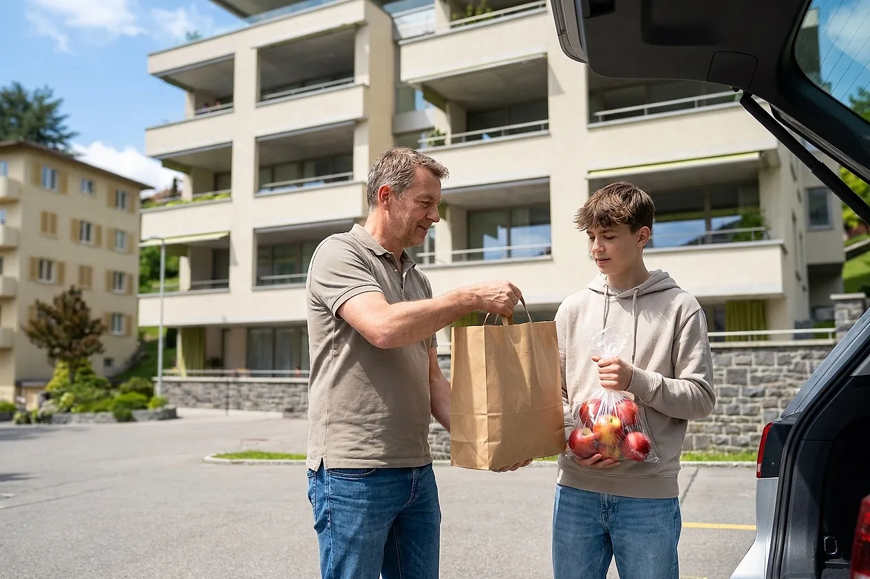 Unloading groceries at the parking in front of the building