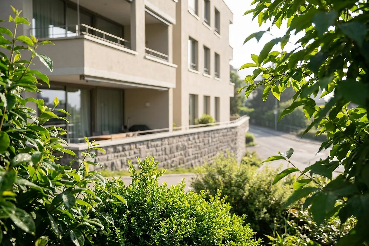 The garden terrace and stone wall, morning light
