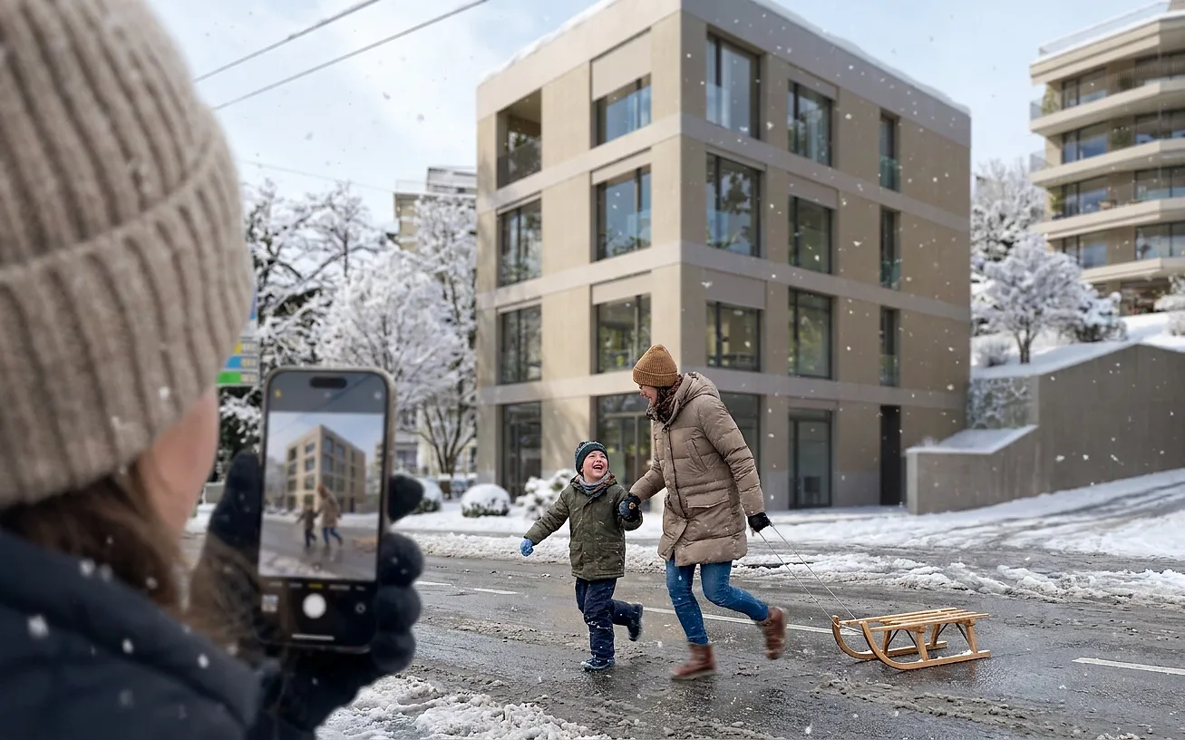 A passer-by photographs a mother and child pulling a sledge past a new apartment building in the snow, generated from the developer render