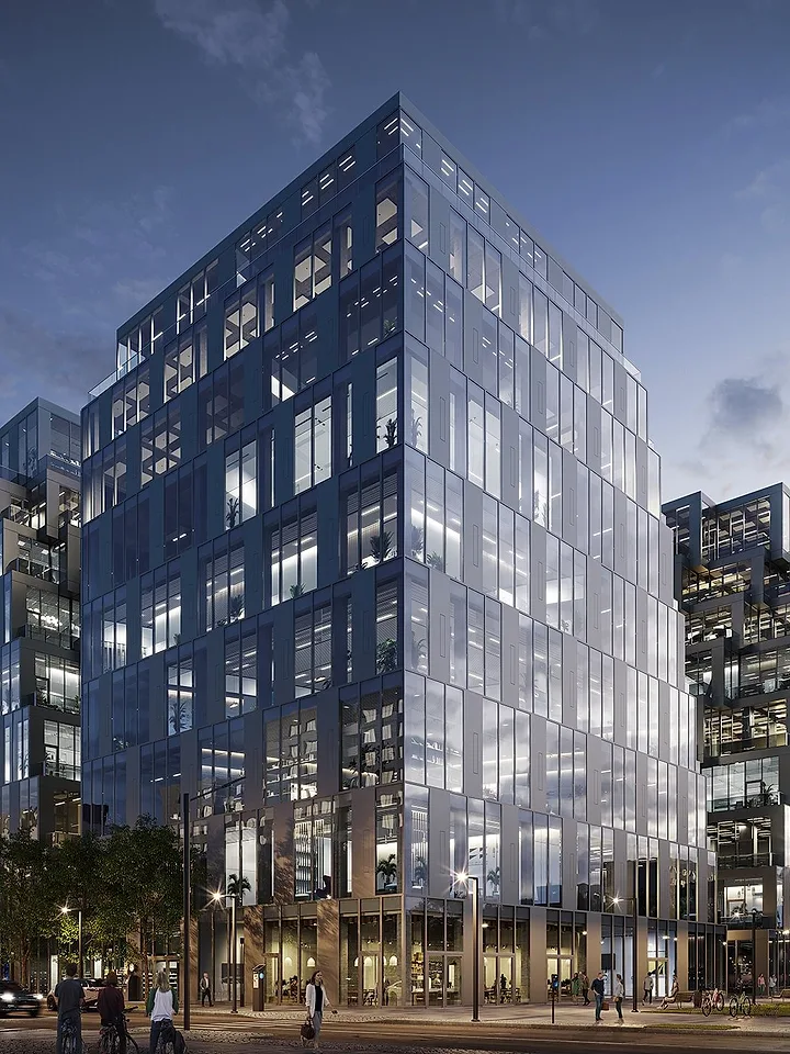 Glass office building at dusk, studio render