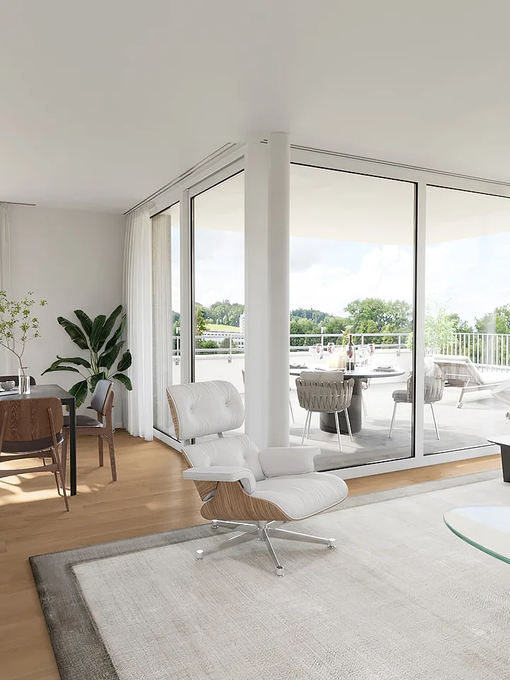A rendered living room of an apartment, seen inside a 360° tour